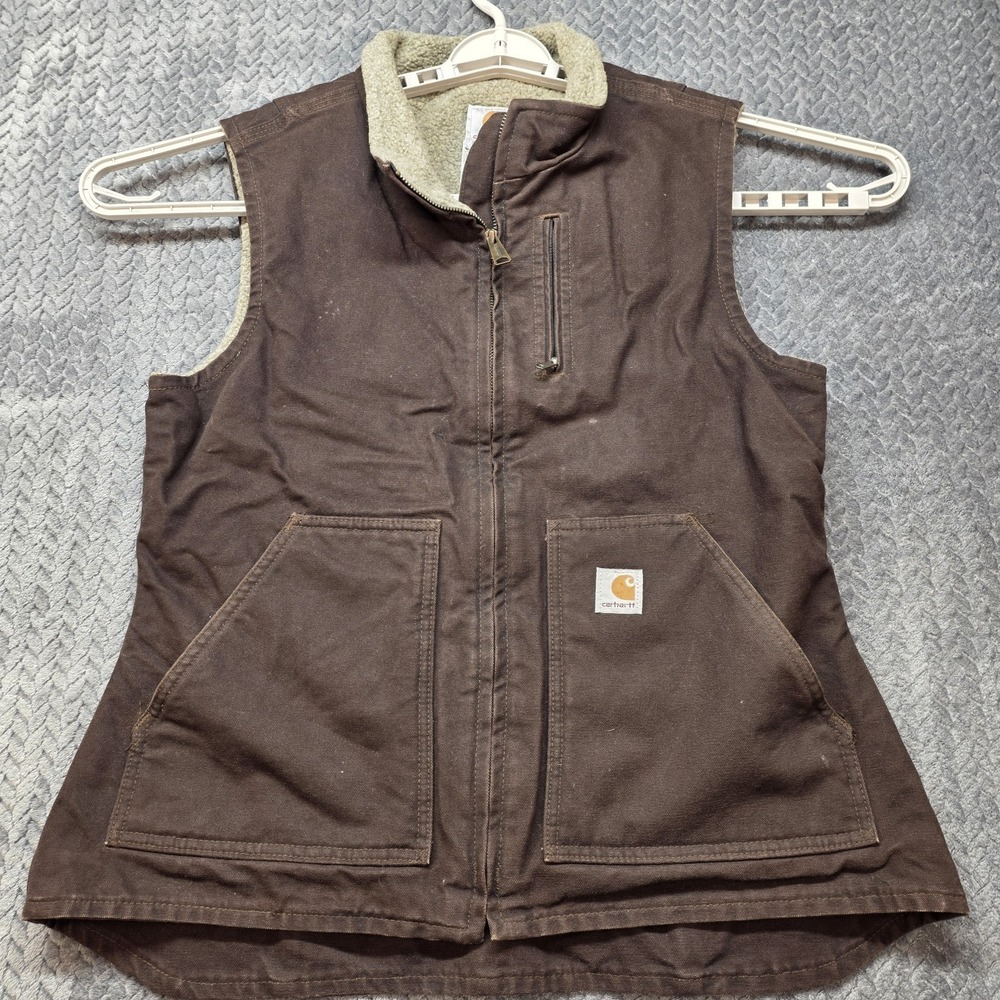 Carhartt Women Medium Brown Sandstone Sherpa Lined Canvas Work Vest
